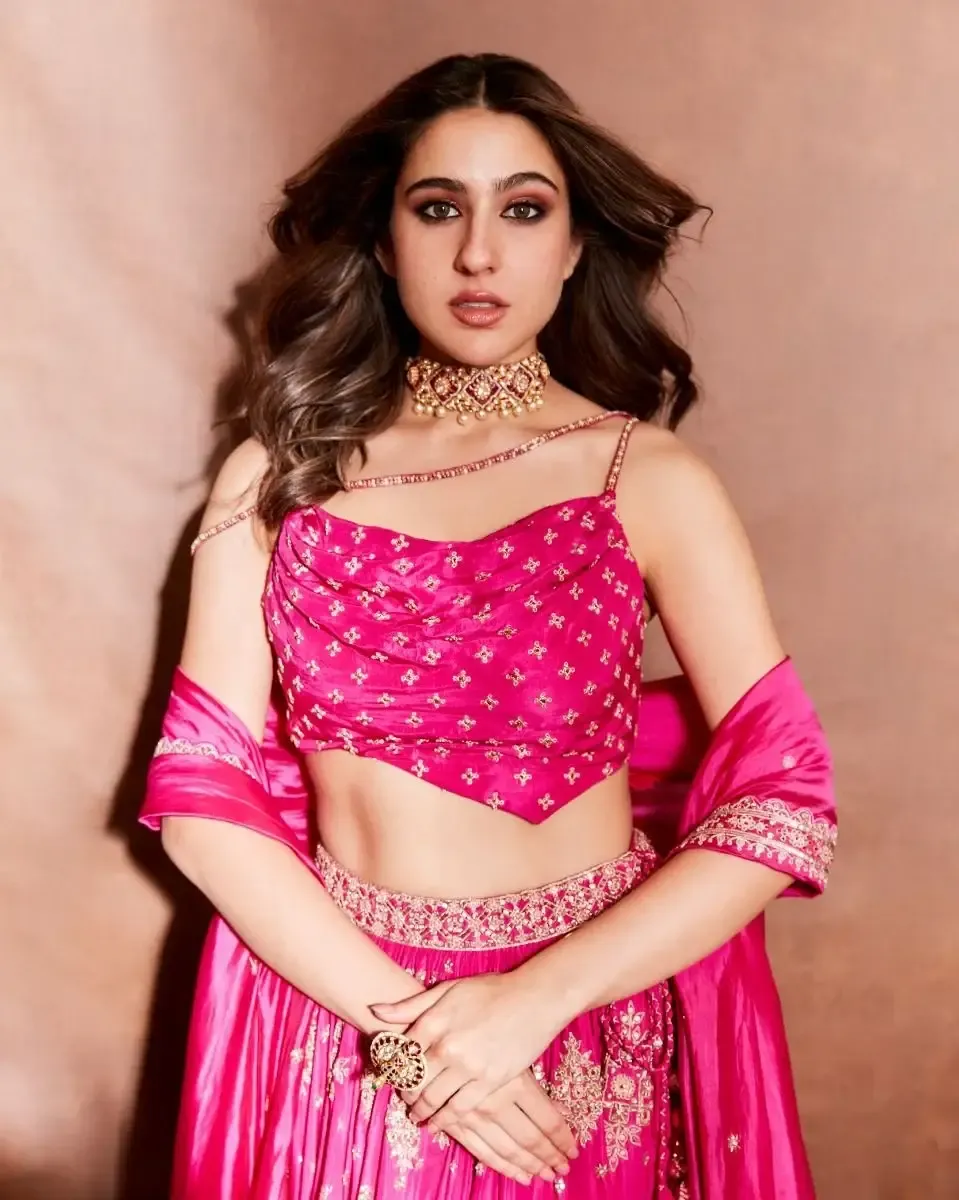 North Indian Girl Sara Ali Khan In Traditional Pink Lehenga Choli